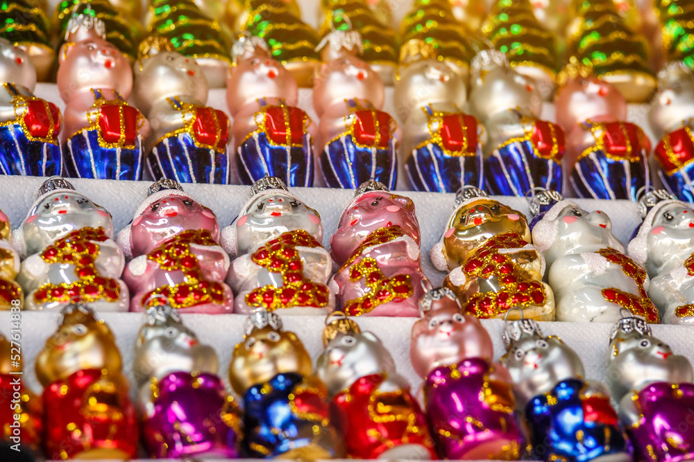 merry christmas, cute festive decoration close up, beautiful toys for new year.Glass Christmas balls for the Christmas market.