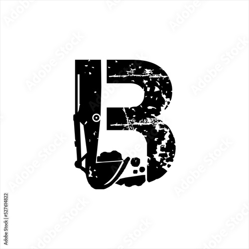 Vector logo design letter B with excavator equipment.