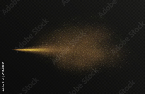 Golden spray mist with glitter particles, fashion shimmer freshener with haze isolated on a dark background. Realistic vector effect. Luxury scent template.