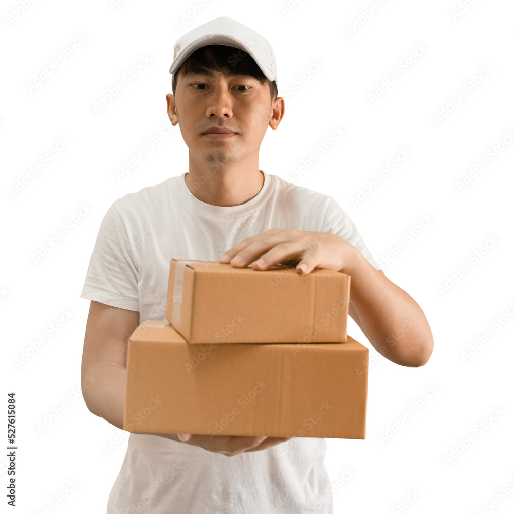 Young Asian delivery man wearing cap and white blank t-shirt holding parcel post box on transparent background - PNG format. Young Asian delivery man wearing cap and white blank t-shirt holding parcel post box on transparent background - PNG format.