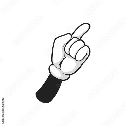 Hand gesture with raised index finger calling someone isolated. Vector pointing forefinger point attention, order this, choose this or make choice, nonverbal communication sign, cartoon arm in glove