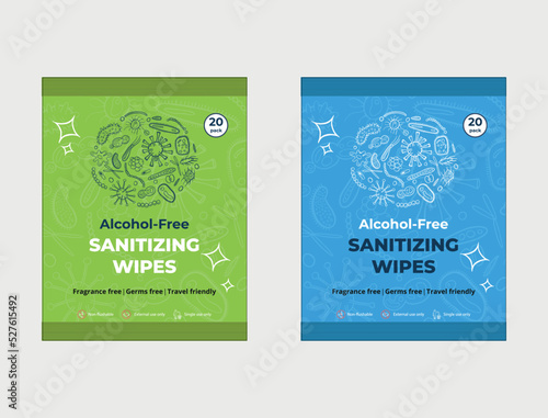 Realistic travel package design for sanitizing wipes, Template for protection against viruses, germs, and bacteria. Concept of pre-moistened disinfecting wipes 