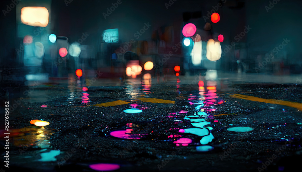 Empty night street scene. Night rain, puddles on the pavement, the