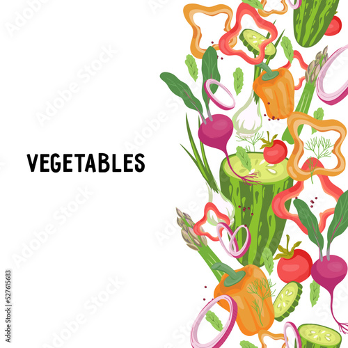 Poster or banner design with vegetables, flat vector illustration isolated on white background. Illustration for autumn harvest banners and food farm markets.