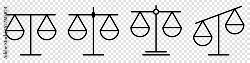 Scales icon set. Outline scales of justice symbols. Vector illustration isolated on transparent background