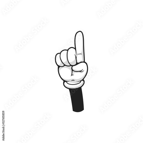 Pointing up index finger, hand in glove attention gesture isolated cartoon icon. Vector forefinger pointer calling to look here above or on top, nonverbal communication sign, raised forefinger up