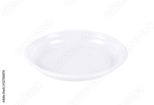 disposable plastic white plate standing on a white background