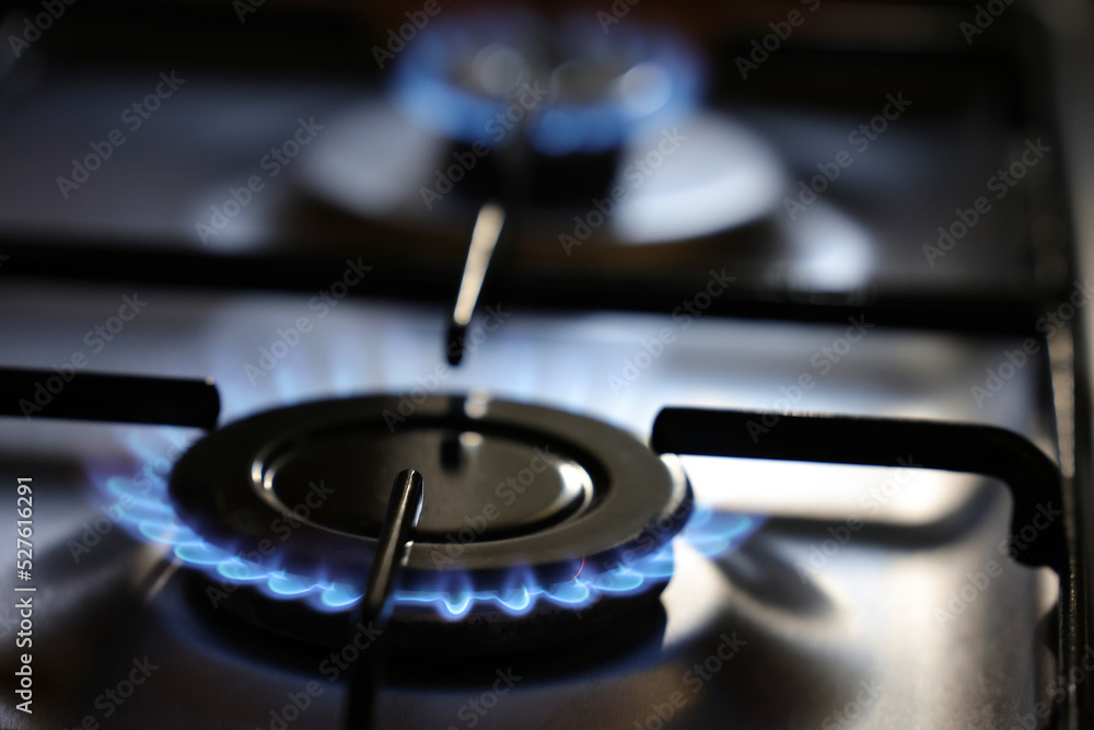 Natural Gas is burning in gas-stove in the kitchen. Concept for problems with natural gas in Europe. Natural Gas is burning in gas-stove in the kitchen. Concept for problems with natural gas in Europe.