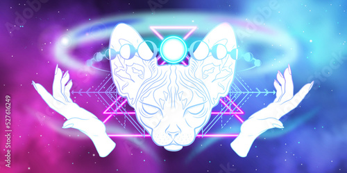 Celestial mystical banner with sphinx cat, magic hands and lunar phases. Cosmic vector background for landing page, web design. Astrology Fortune telling Tarot reading Witchcraft. Animal spirit art
