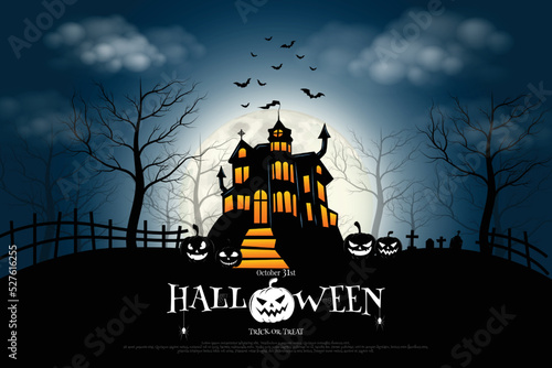 Castle, haunted house and ghost hands, tomb on full moon night. illustrator Vector Eps 10.