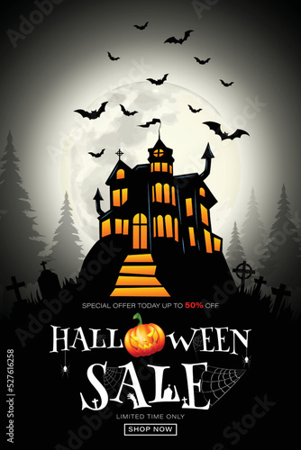 Halloween 50% off Sale Promotion Poster or banner with Halloween Pumpkin and haunted castle, bats,grave. on white background. Vector illustration