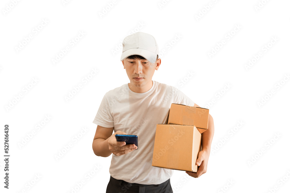 Young Asian delivery man wearing cap with white blank t-shirt holding smartphone and parcel post box on transparent background - PNG format. Young Asian delivery man wearing cap with white blank t-shirt holding smartphone and parcel post box on transparent background - PNG format.