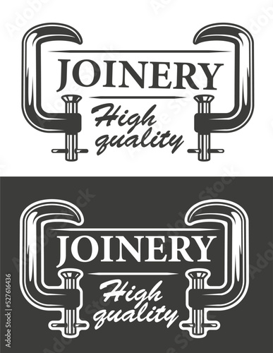 Black and white template on carpentry service theme with joiner's clamps.