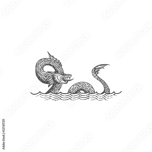 Leviathan mythical creature, sea serpent in Judaism isolated monochrome sketch. Vector selma norwegian folklore monster, legendary leviathan dragon mythical creature, water dinosaur, underwater beast