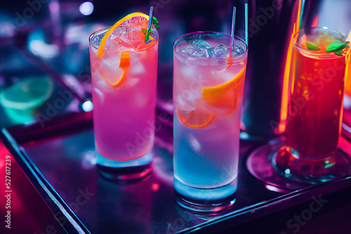 The colorful cocktails on the bar counter, 3D rendering.