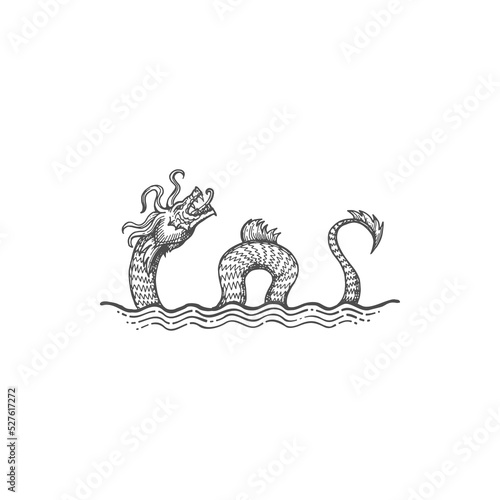 Selma monster, water beast sea serpent dragon underwater beast in ocean waves isolated monochrome sketch icon. Vector legendary leviathan dragon, water dinosaur marine beast animal, mythical creature