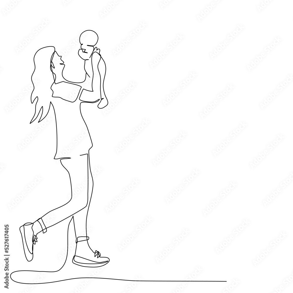 Beautiful mum hugging a first born in her arm.Side view of Young mother holding baby in her hand in single line drawing style.Vector isolate flat continue line design of family or Happy Mother’s Day. Beautiful mum hugging a first born in her arm.Side view of Young mother holding baby in her hand in single line drawing style.Vector isolate flat continue line design of family or Happy Mother’s Day.