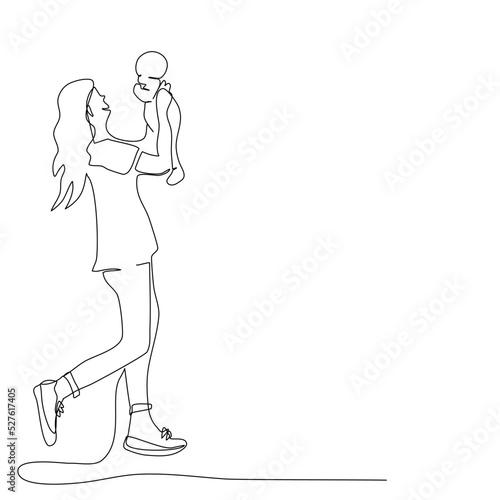 Beautiful mum hugging a first born in her arm.Side view of Young mother holding baby in her hand in single line drawing style.Vector isolate flat continue line design  of family or Happy Mother’s Day. © chobbare