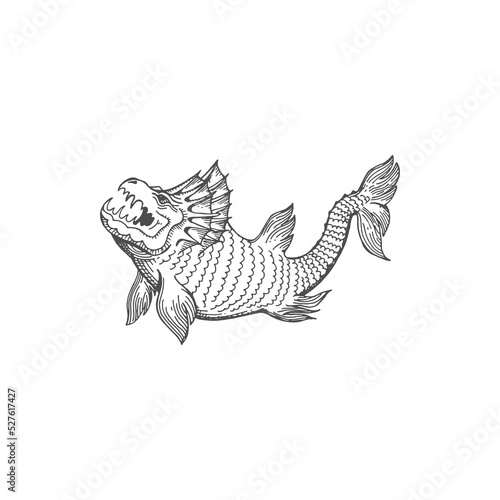 Hafgufa massive sea monster mythical aquatic creature isolated monochrome sketch icon. Vector lyngbakr dragonfish, legendary aquatic dinosaur underwater animal living on sea depth, marine creature