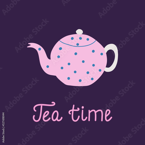 Cute pink tea pot against a dark background. Tea time. Flat vector illustration.