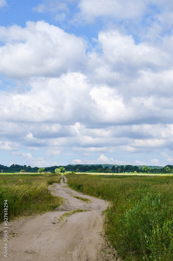 A long road in an arable field. A beautiful field road