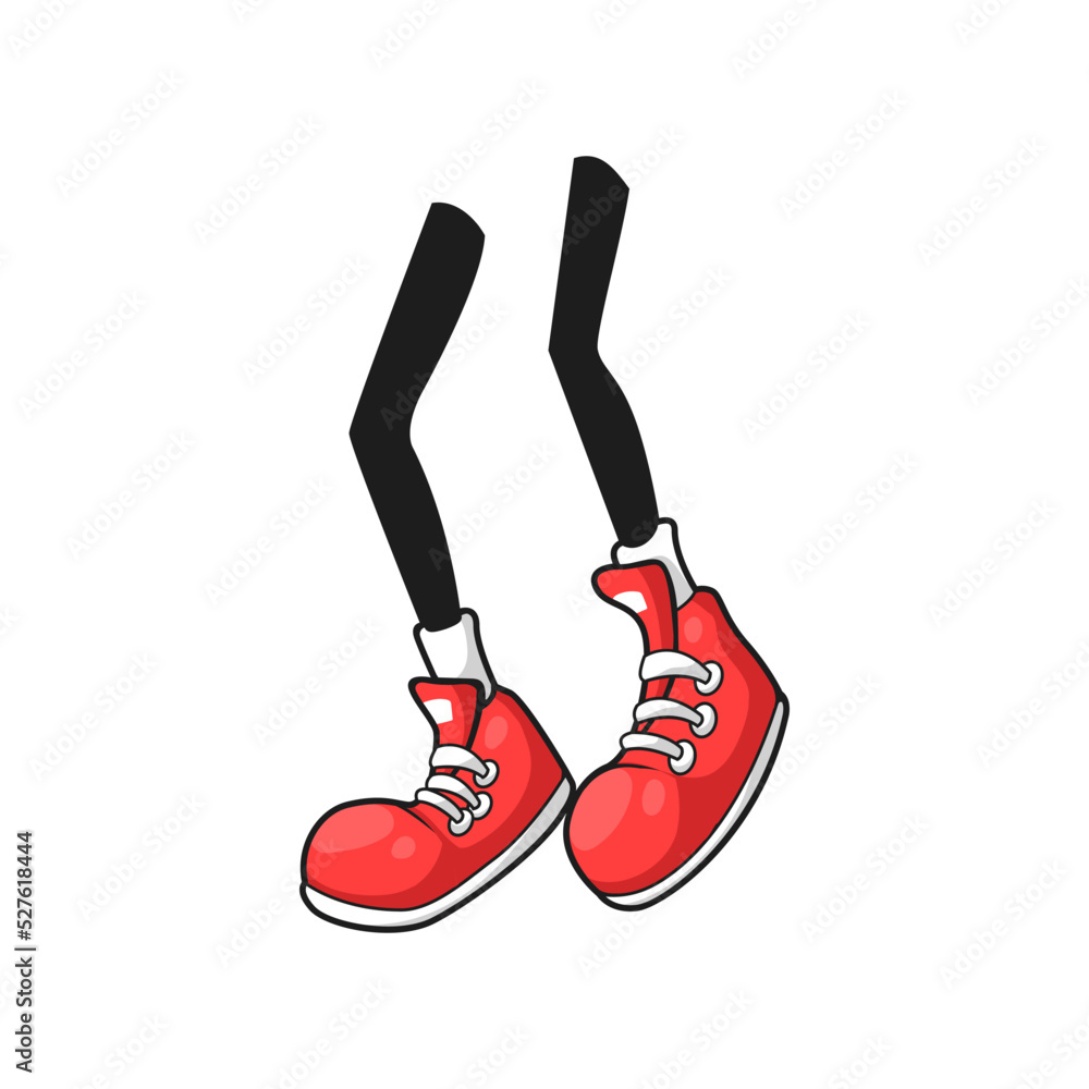 Walking legs in red rubber shoes with laces and white soil isolated human legs, comic limbs in red training skates sneakers, flat cartoon foots. Vector , cute athletic boots, urban teenager footwear