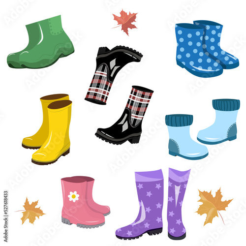 set of rubber autumn boots. Multi-colored models for rainy weather