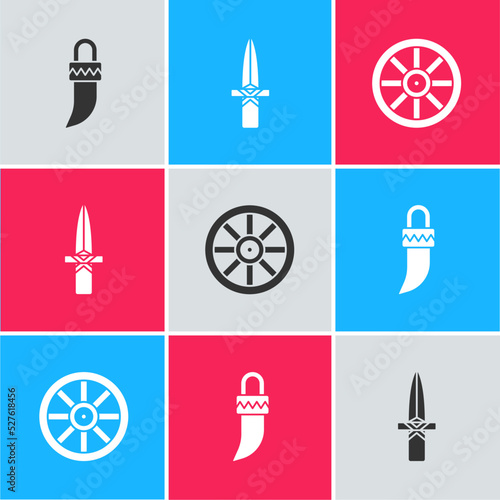 Set Tooth, Dagger and Old wooden wheel icon. Vector