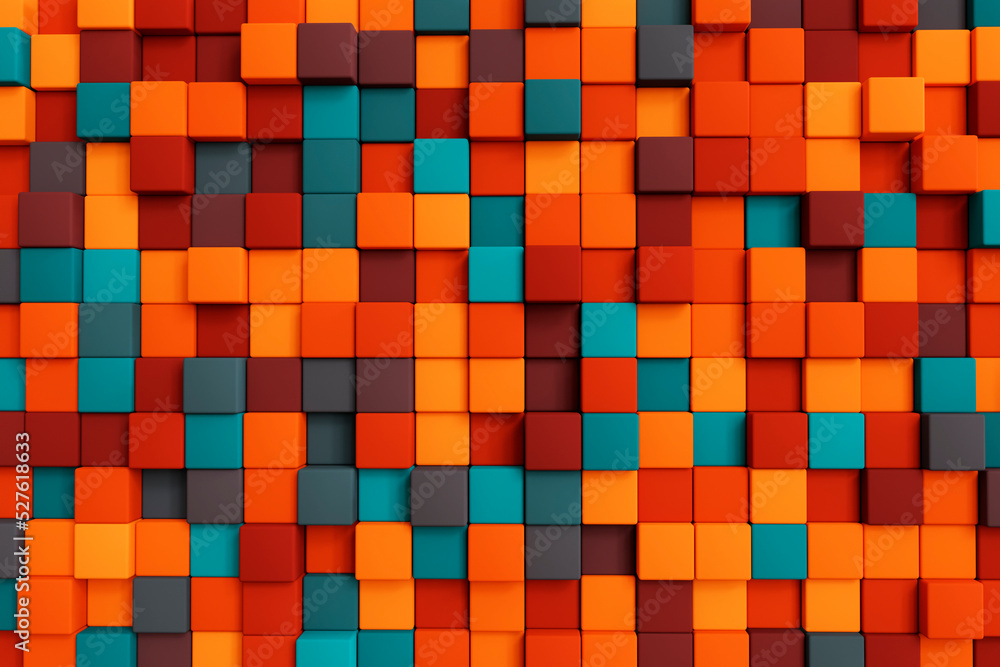 Colorful abstract geometric 3d background with cubes elements and colors for your design. Abstract cubes from tetris game. 3d rendering illustration..