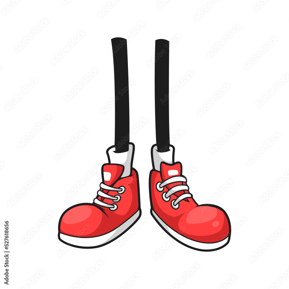 Cartoon foots in red big shoes with white laces isolated comic footwear. Vector urban teenager style footwear, fashion athletic boots with white rubber toe and laces. Human body part, funny boots