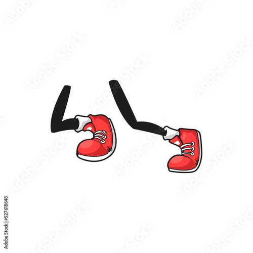 Legs bent in knee running jogging comic red sport shoes on white rubber sole with laces isolated. Vector funny cartoon legs of athletic character, funny kids footwear. Color trainers, urban style feet