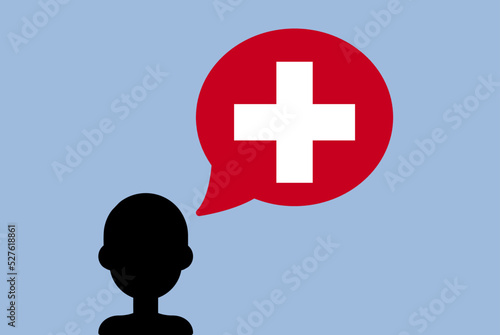 Switzerland flag with speech balloon, silhouette man with country flag, learning Swiss language
