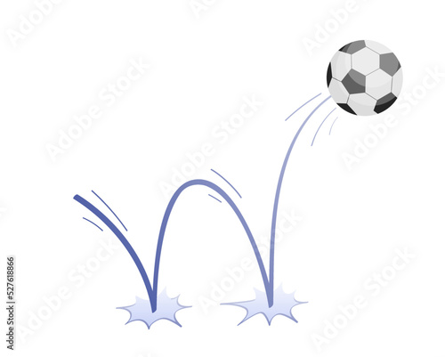 Bouncing football game ball with trajectory jumps on the ground. Soccer accessories. Bounce ball. Sport playing equipment. Inflatable football game symbol. Flat vector isolated design element