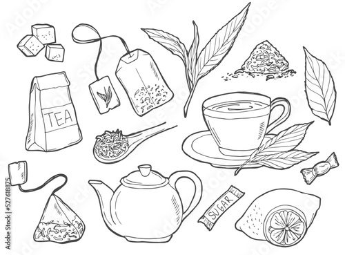 Hand drawn doodle Tea time icon set. Vector illustration. Isolated drink symbols collection. Cartoon various beverage element: mug, cup, teapot, leaf, bag
