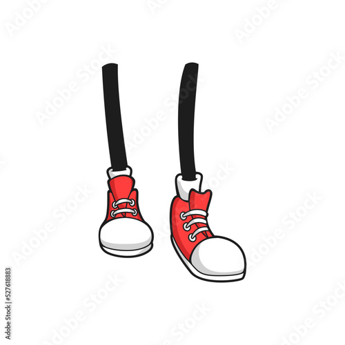 Legs in red sportive shoes isolated human limbs front view, comic flat cartoon foots. Vector runner kids character sneakers, urban teenager style footwear. Fashion athletic boots, footwear for walk