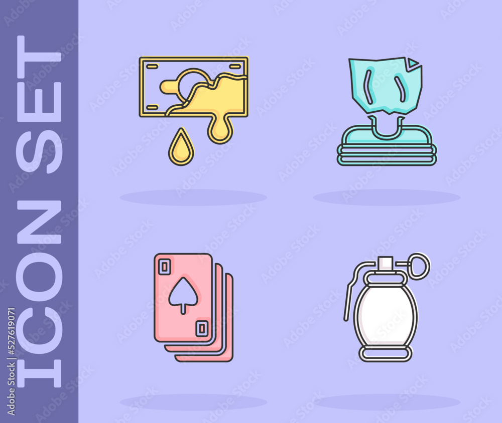 Set Hand grenade, Bloody money, Playing cards and Kidnaping icon. Vector Set Hand grenade, Bloody money, Playing cards and Kidnaping icon. Vector