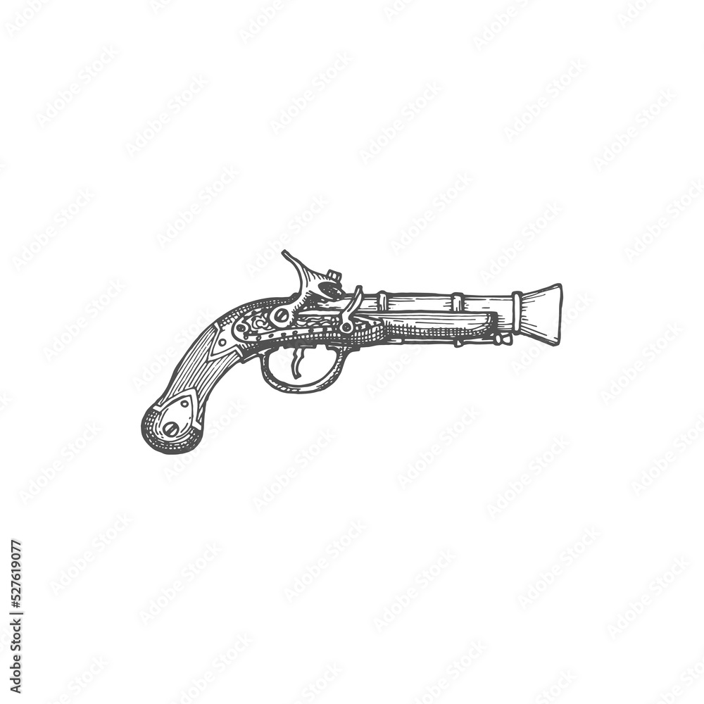 Flintlock pistol, pirate gun firelock musket isolated monochrome icon. Vector medieval gunpowder revolver sketch, retro marine armoury, steampunk pistol, old-fashioned gun fired by spark from flint Flintlock pistol, pirate gun firelock musket isolated monochrome icon. Vector medieval gunpowder revolver sketch, retro marine armoury, steampunk pistol, old-fashioned gun fired by spark from flint