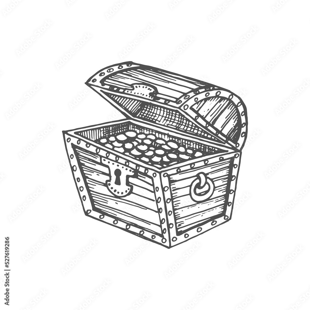 Open pirates chest trunk isolated treasures sketch icon. Vector casket with royal jewelry, medieval trophy case. Wooden crate symbol of wealth, antique open trunk with golden coins antique money Open pirates chest trunk isolated treasures sketch icon. Vector casket with royal jewelry, medieval trophy case. Wooden crate symbol of wealth, antique open trunk with golden coins antique money