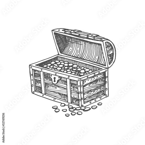 Chest with golden coins isolated monochrome sketch icon. Vector treasures of pirates, wooden crate symbol of wealth, antique open trunk with jewelry, casket with royal treasures, casket trophy