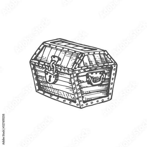 Antique chest with treasures isolated retro mystery case monochrome sketch icon. Vector closed coffer with padlock, old furniture object mystery asset with jewelry, ui game design element wooden crate