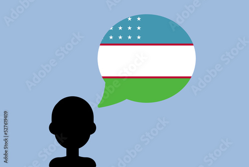 Uzbekistan flag with speech balloon, silhouette man with country flag, learning Uzbek language