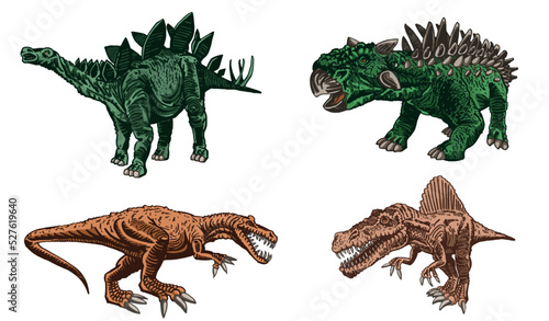 Vector color set of dinosaurs, color tyrannosaurus, spinosaurus,ankylosaurus, stegosaurus on white isolated.