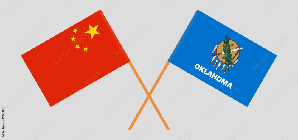 Crossed flags of China and The State of Oklahoma. Official colors. Correct proportion Crossed flags of China and The State of Oklahoma. Official colors. Correct proportion