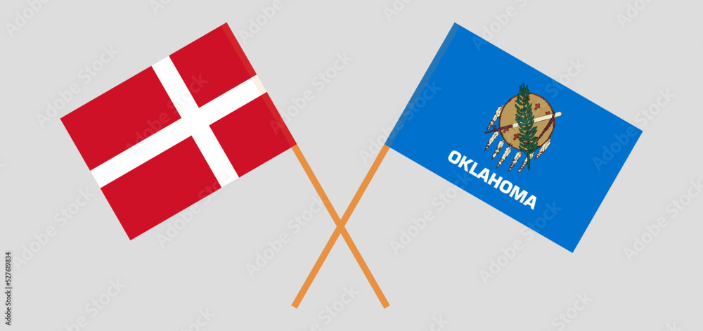 Crossed flags of Denmark and The State of Oklahoma. Official colors. Correct proportion Crossed flags of Denmark and The State of Oklahoma. Official colors. Correct proportion