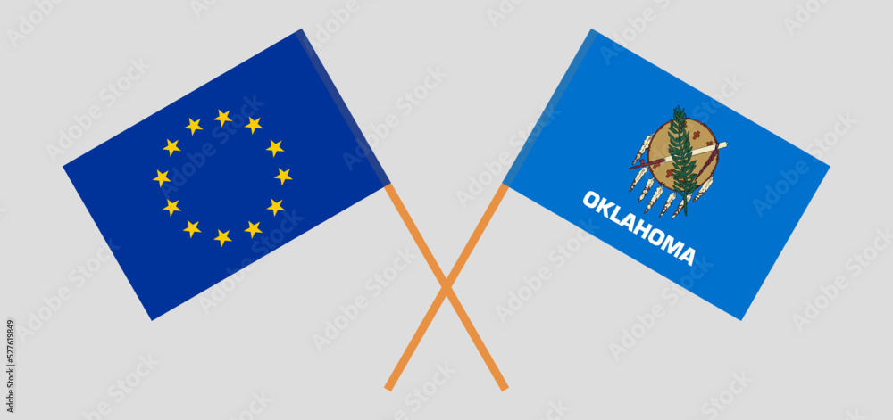 Crossed flags of the European Union and The State of Oklahoma. Official colors. Correct proportion Crossed flags of the European Union and The State of Oklahoma. Official colors. Correct proportion