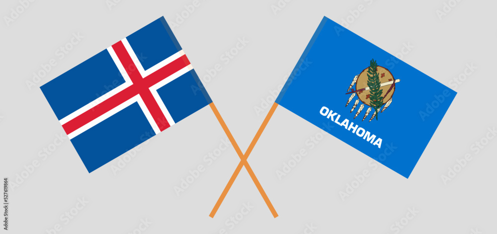 Crossed flags of Iceland and The State of Oklahoma. Official colors. Correct proportion