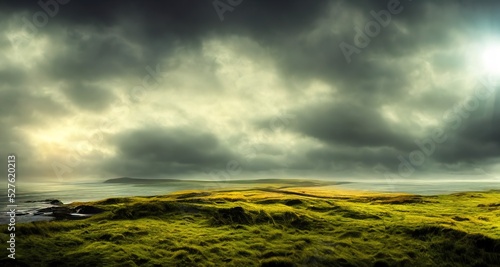 Endless fields of emerald grass against a gloomy stormy sky. Harsh and beautiful Irish landscape. Natural wallpaper. Impressive scene.