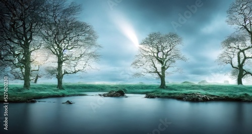 Trees without leaves surrounded by grass on the lake. Harsh and beautiful Irish landscape. Natural wallpaper. Impressive scene.