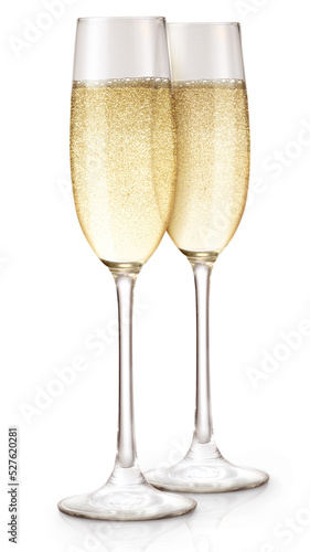 Duas taças de cristal com champanhe borbulhante e gelado em fundo branco - Champagne para brindar photo