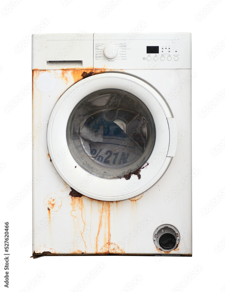 Old rusty broken washing machine isolated on white background. Old rusty broken washing machine isolated on white background.